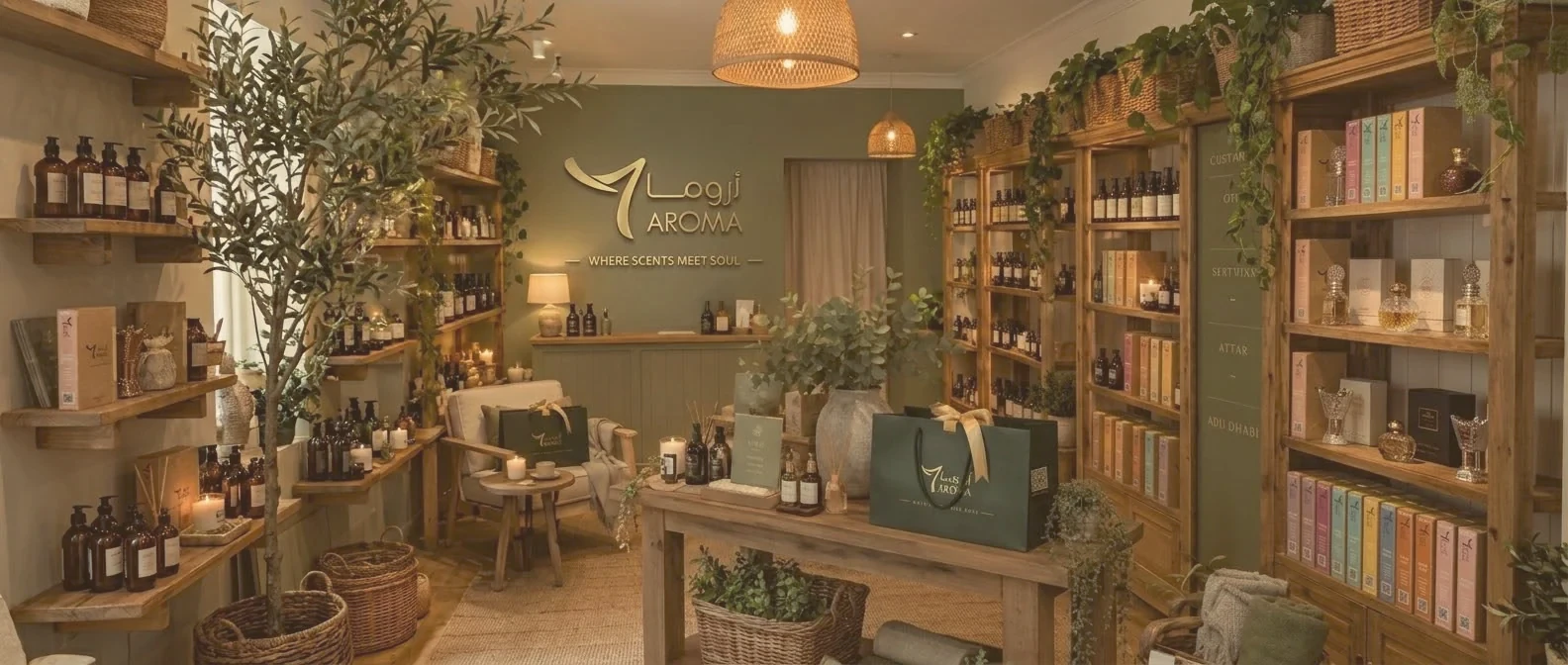 Inside the 7 AROMA shop: deep green walls, oak bookshelves of books and bottles, olive trees and a gold logo on the back wall